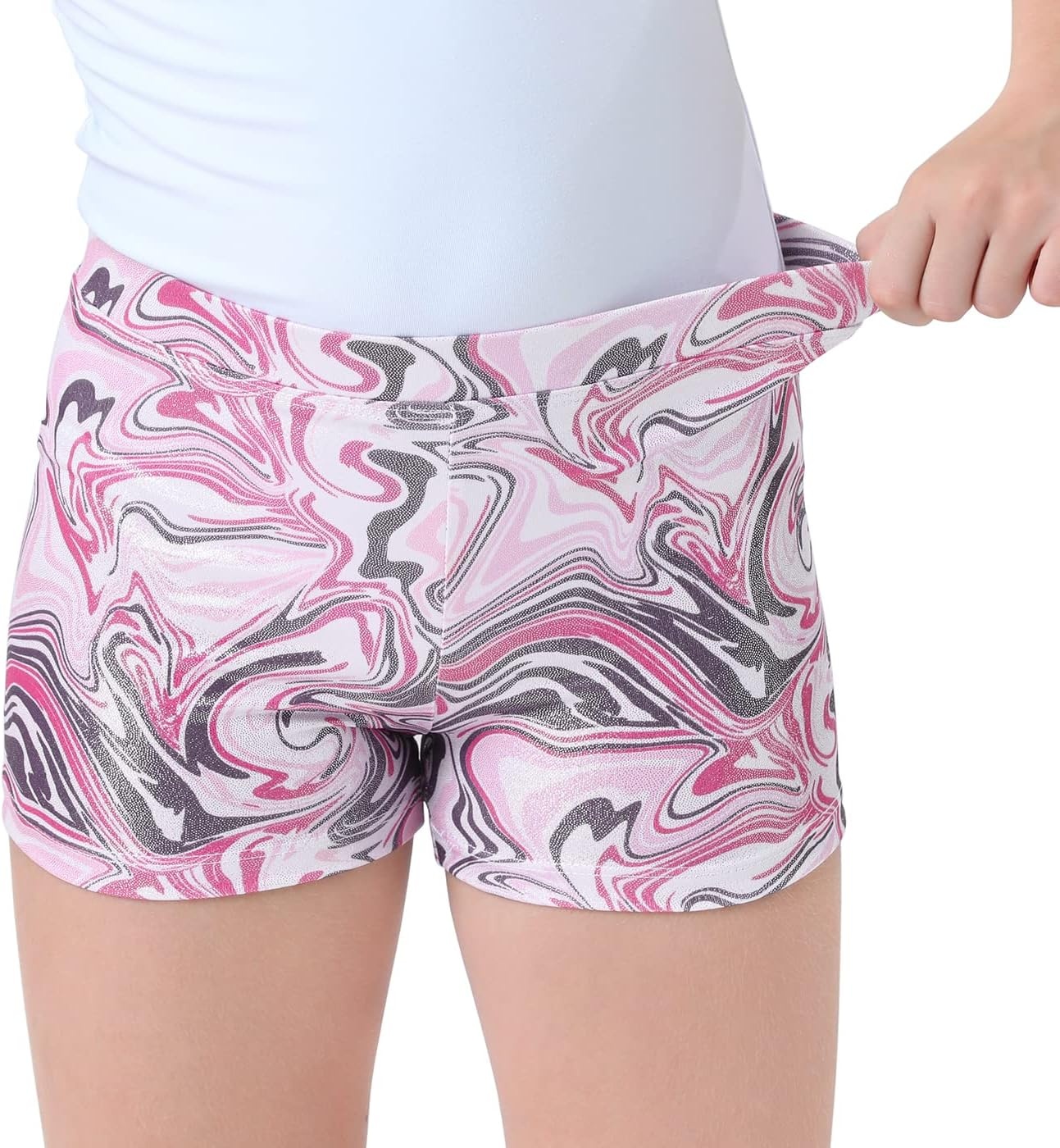 image:imageHDE Gymnastics Shorts for Girls Dance Short Glitter Sparkle Tumbling BottomsPink Marble Swirls