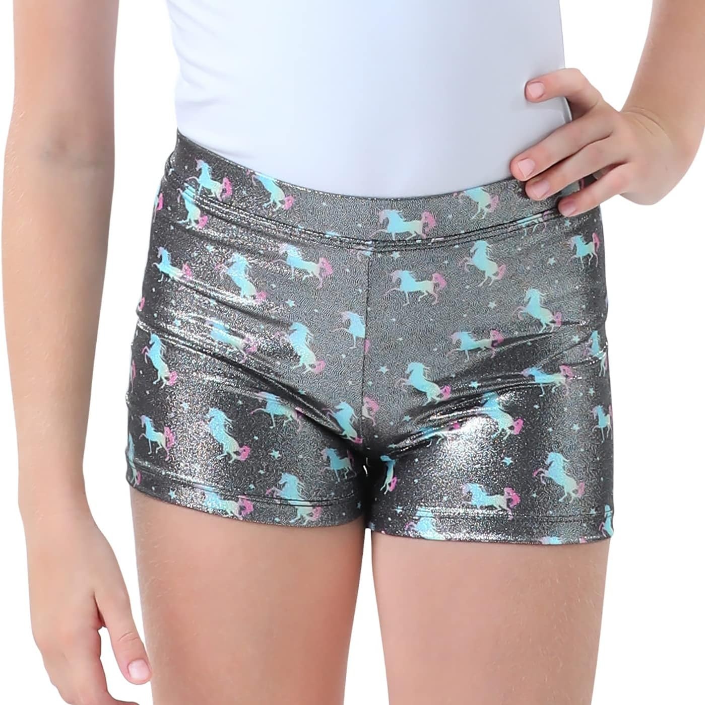 image:imageHDE Gymnastics Shorts for Girls Dance Short Glitter Sparkle Tumbling BottomsUnicorn Stars