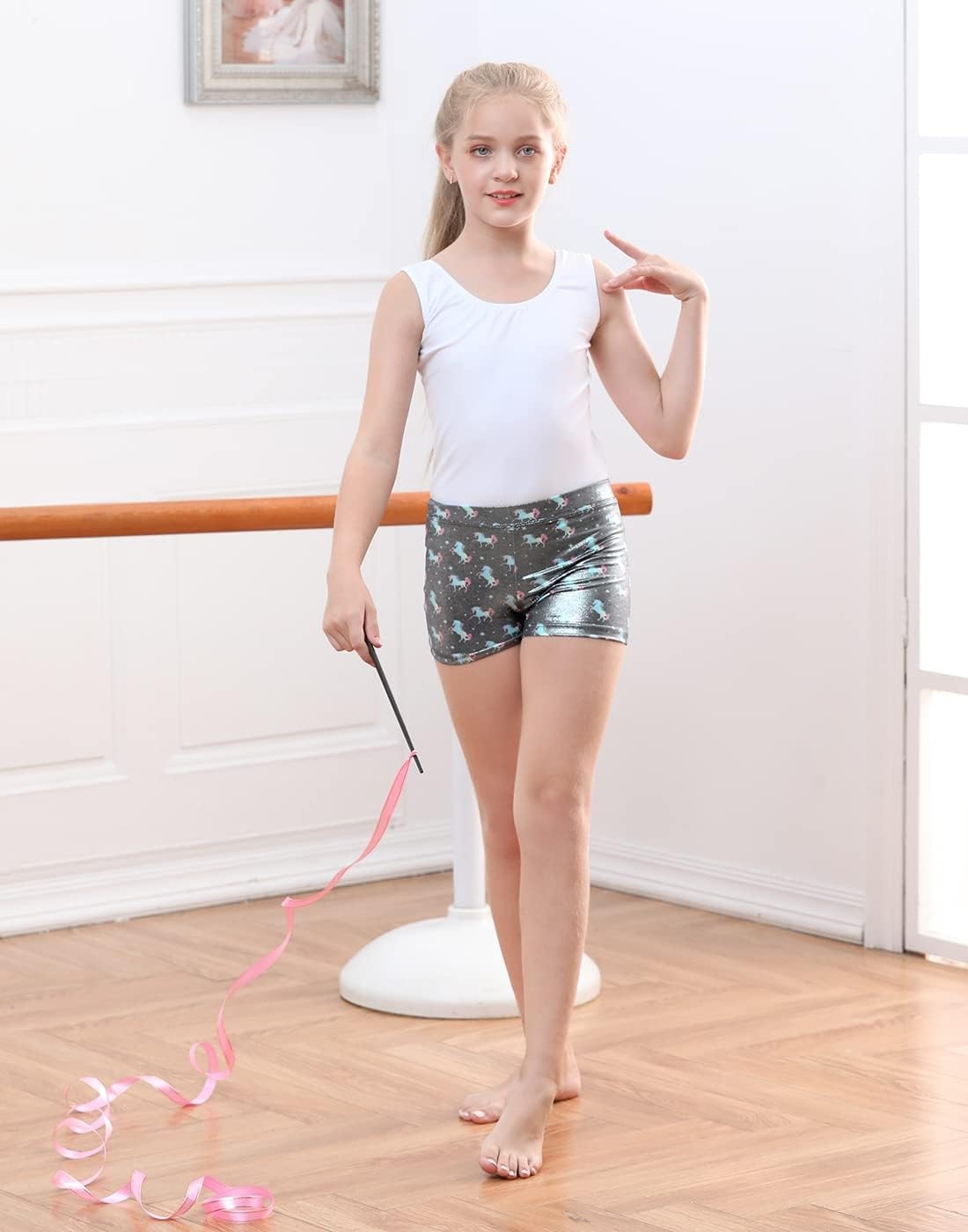 image:imageHDE Gymnastics Shorts for Girls Dance Short Glitter Sparkle Tumbling BottomsUnicorn Stars
