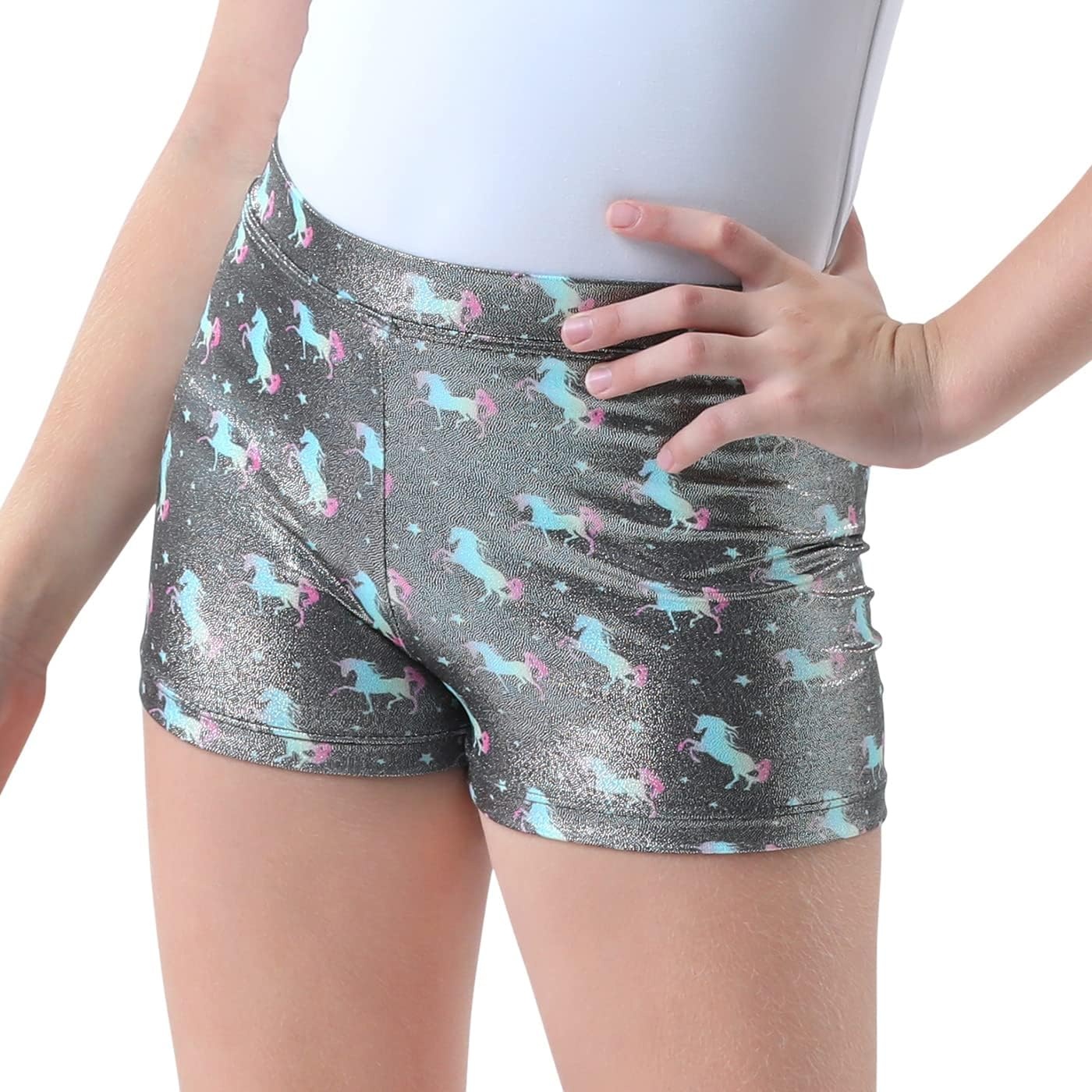 image:imageHDE Gymnastics Shorts for Girls Dance Short Glitter Sparkle Tumbling BottomsUnicorn Stars