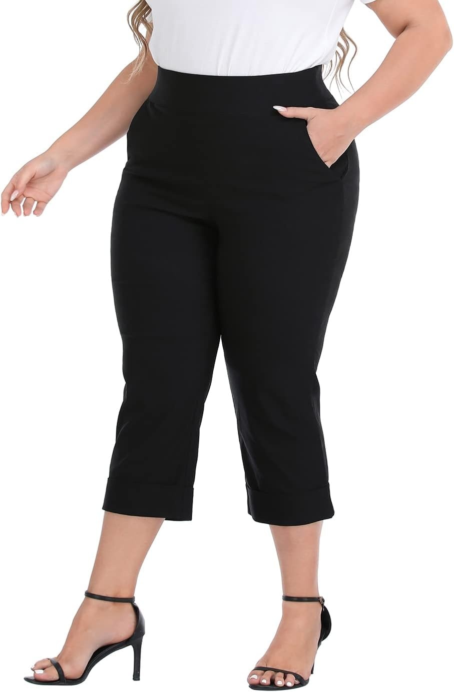 image:imageHDE Plus Size Pull On Capri Pants for Women with Pockets Elastic Waist Commuter Travel Casual Work Cropped Pants with CuffBlack