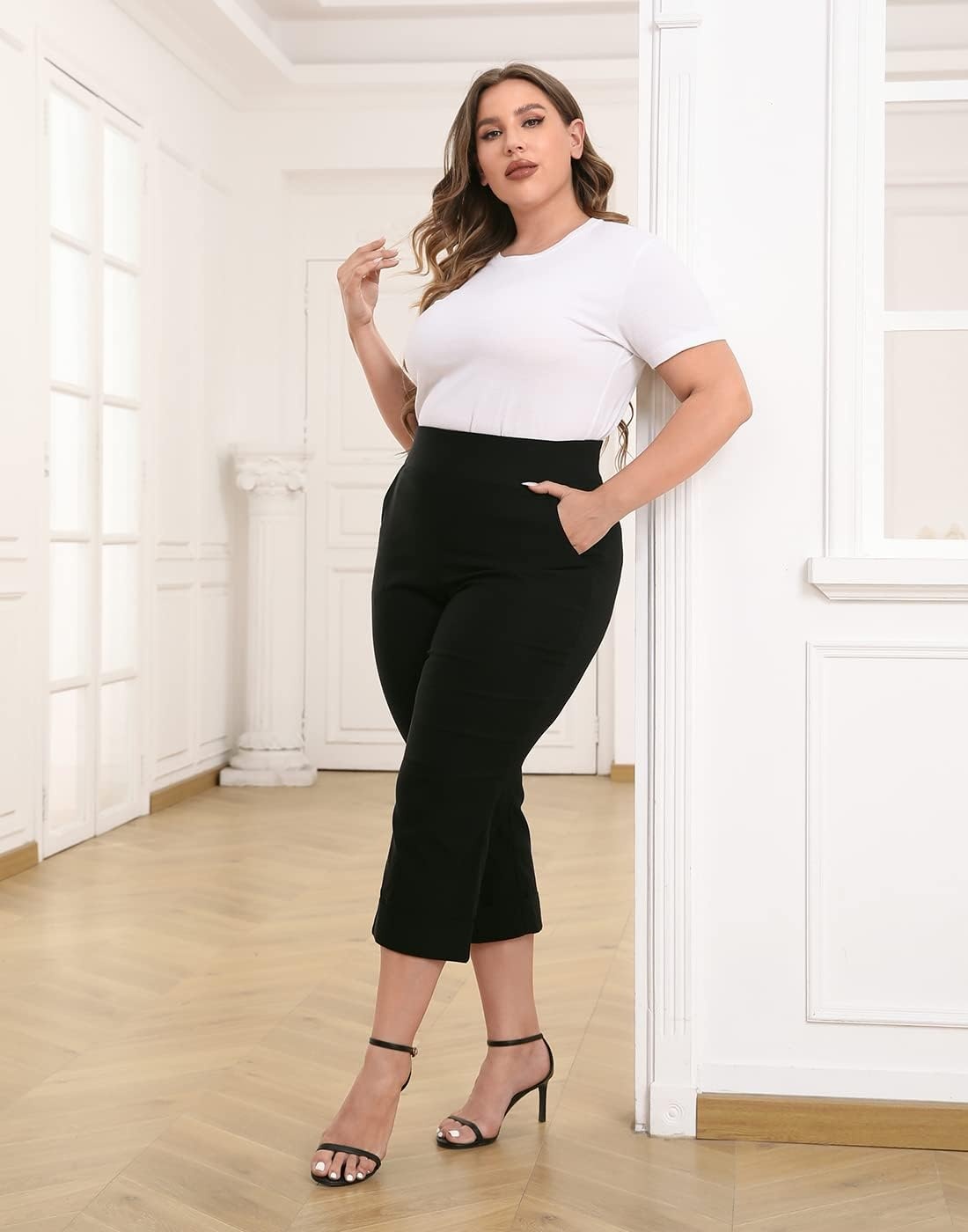 image:imageHDE Plus Size Pull On Capri Pants for Women with Pockets Elastic Waist Commuter Travel Casual Work Cropped Pants with CuffBlack