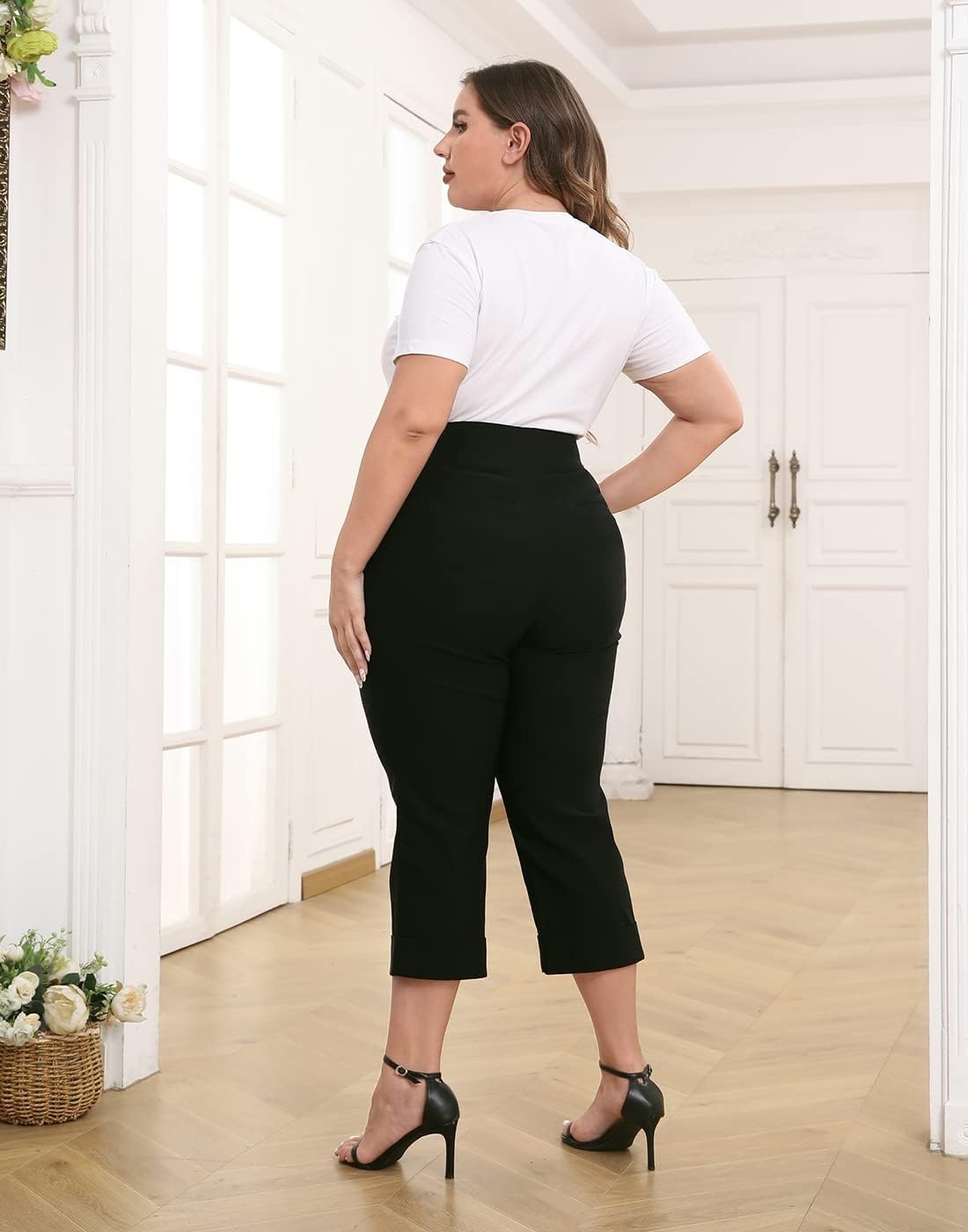 image:imageHDE Plus Size Pull On Capri Pants for Women with Pockets Elastic Waist Commuter Travel Casual Work Cropped Pants with CuffBlack