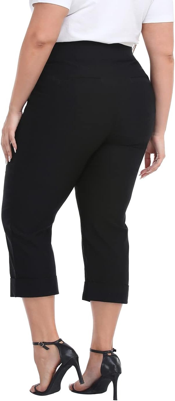 image:imageHDE Plus Size Pull On Capri Pants for Women with Pockets Elastic Waist Commuter Travel Casual Work Cropped Pants with CuffBlack