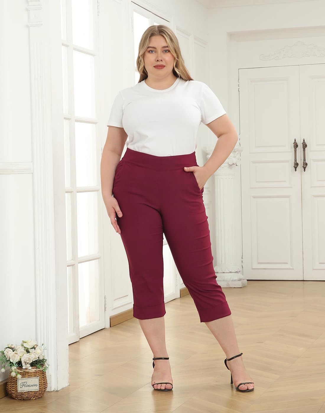 image:imageHDE Plus Size Pull On Capri Pants for Women with Pockets Elastic Waist Commuter Travel Casual Work Cropped Pants with CuffBurgundy