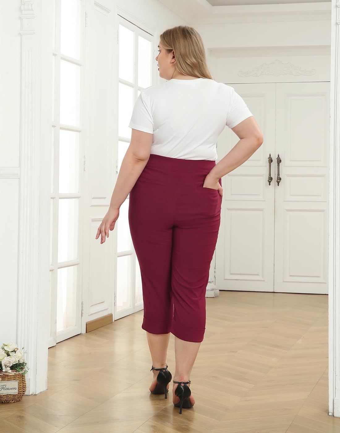 image:imageHDE Plus Size Pull On Capri Pants for Women with Pockets Elastic Waist Commuter Travel Casual Work Cropped Pants with CuffBurgundy