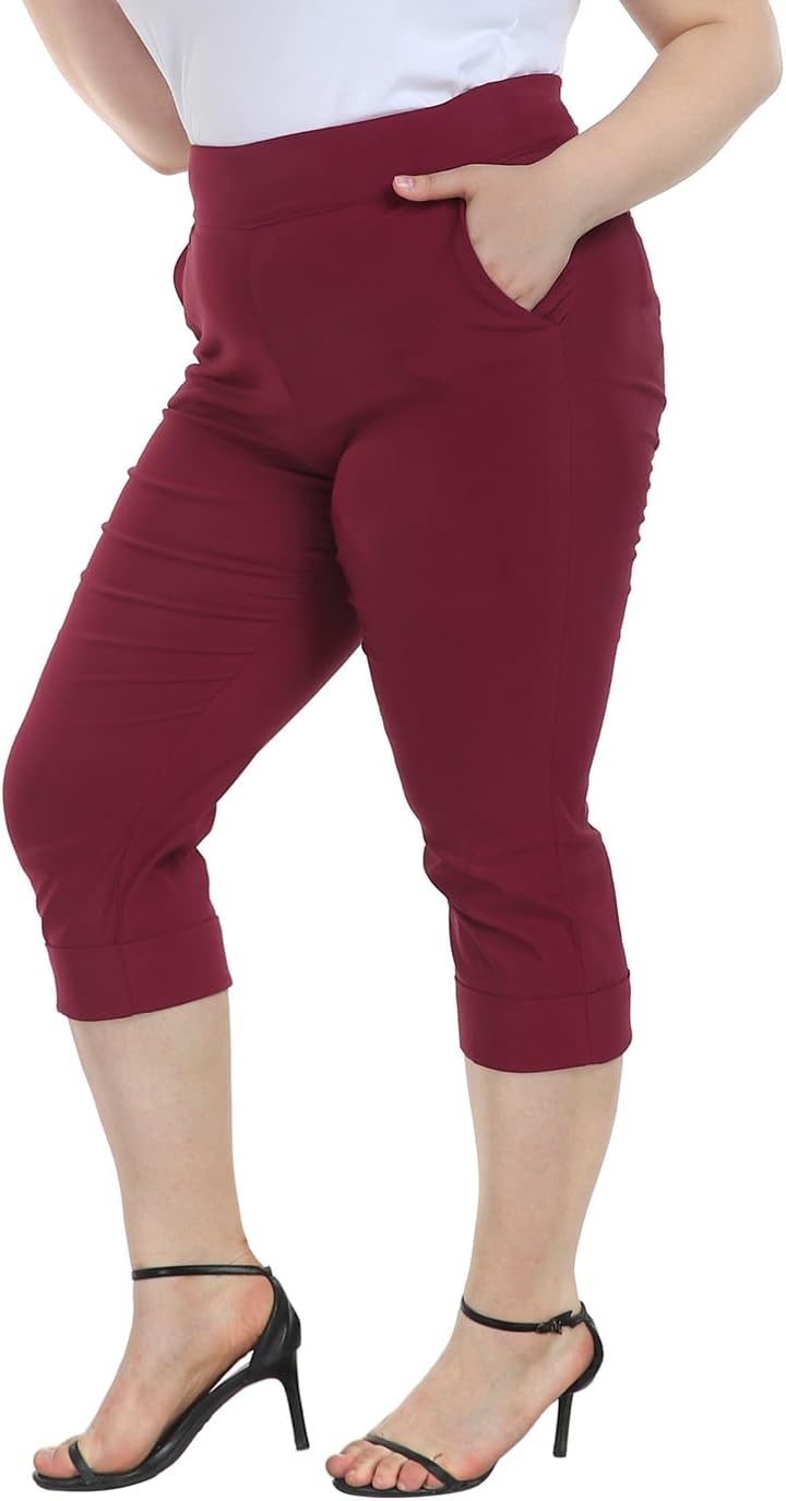 image:imageHDE Plus Size Pull On Capri Pants for Women with Pockets Elastic Waist Commuter Travel Casual Work Cropped Pants with CuffBurgundy