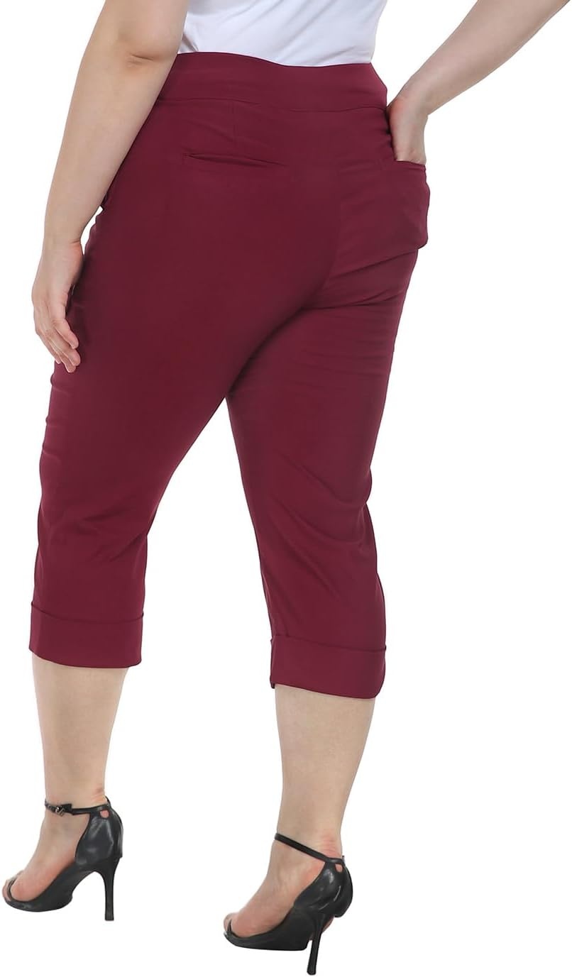 image:imageHDE Plus Size Pull On Capri Pants for Women with Pockets Elastic Waist Commuter Travel Casual Work Cropped Pants with CuffBurgundy