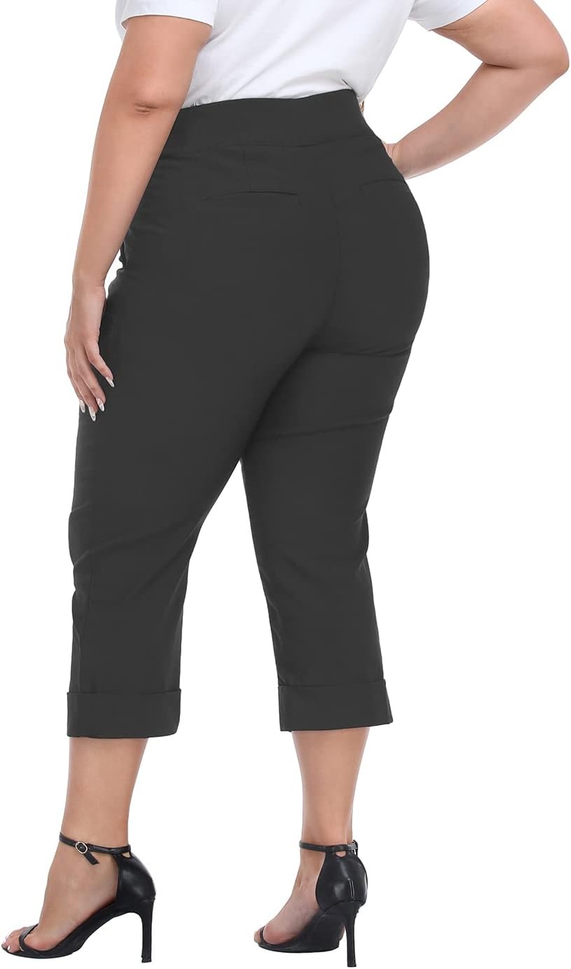 image:imageHDE Plus Size Pull On Capri Pants for Women with Pockets Elastic Waist Commuter Travel Casual Work Cropped Pants with CuffCharcoal