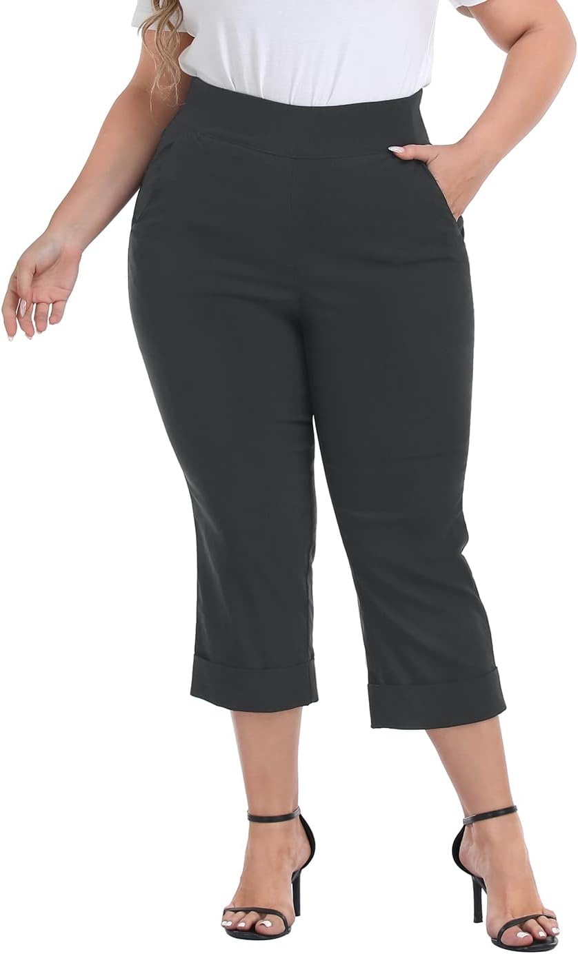 image:imageHDE Plus Size Pull On Capri Pants for Women with Pockets Elastic Waist Commuter Travel Casual Work Cropped Pants with CuffCharcoal