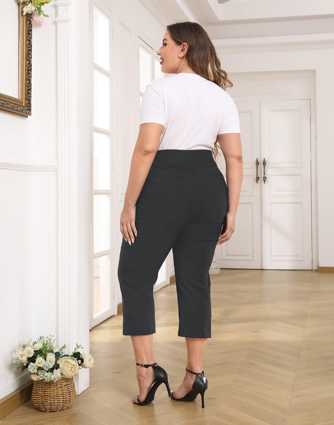 image:imageHDE Plus Size Pull On Capri Pants for Women with Pockets Elastic Waist Commuter Travel Casual Work Cropped Pants with CuffCharcoal