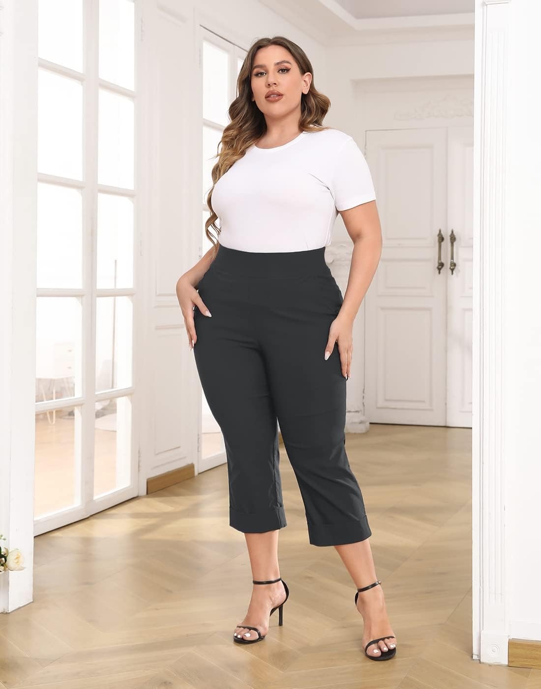image:imageHDE Plus Size Pull On Capri Pants for Women with Pockets Elastic Waist Commuter Travel Casual Work Cropped Pants with CuffCharcoal