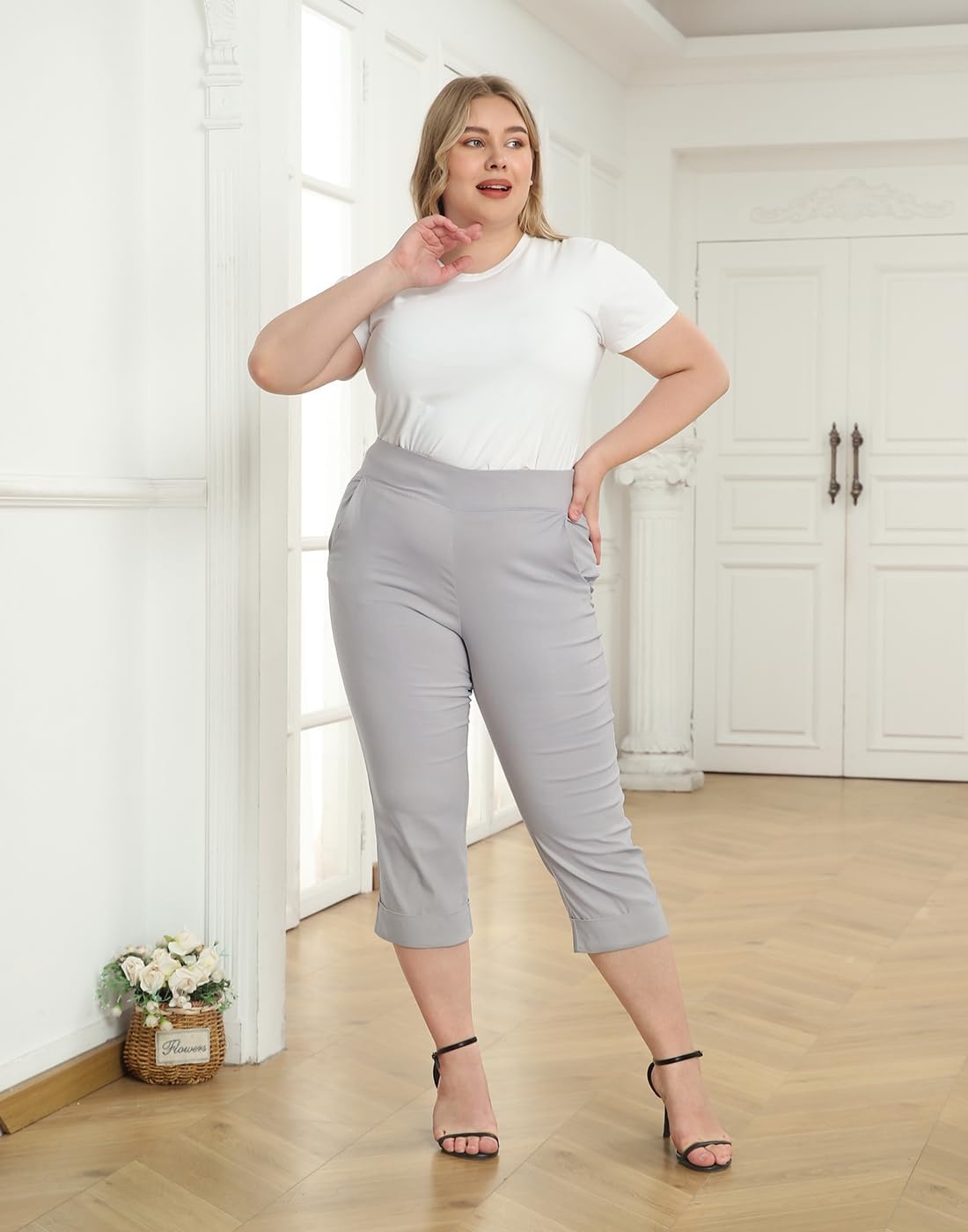 image:imageHDE Plus Size Pull On Capri Pants for Women with Pockets Elastic Waist Commuter Travel Casual Work Cropped Pants with CuffCool Gray