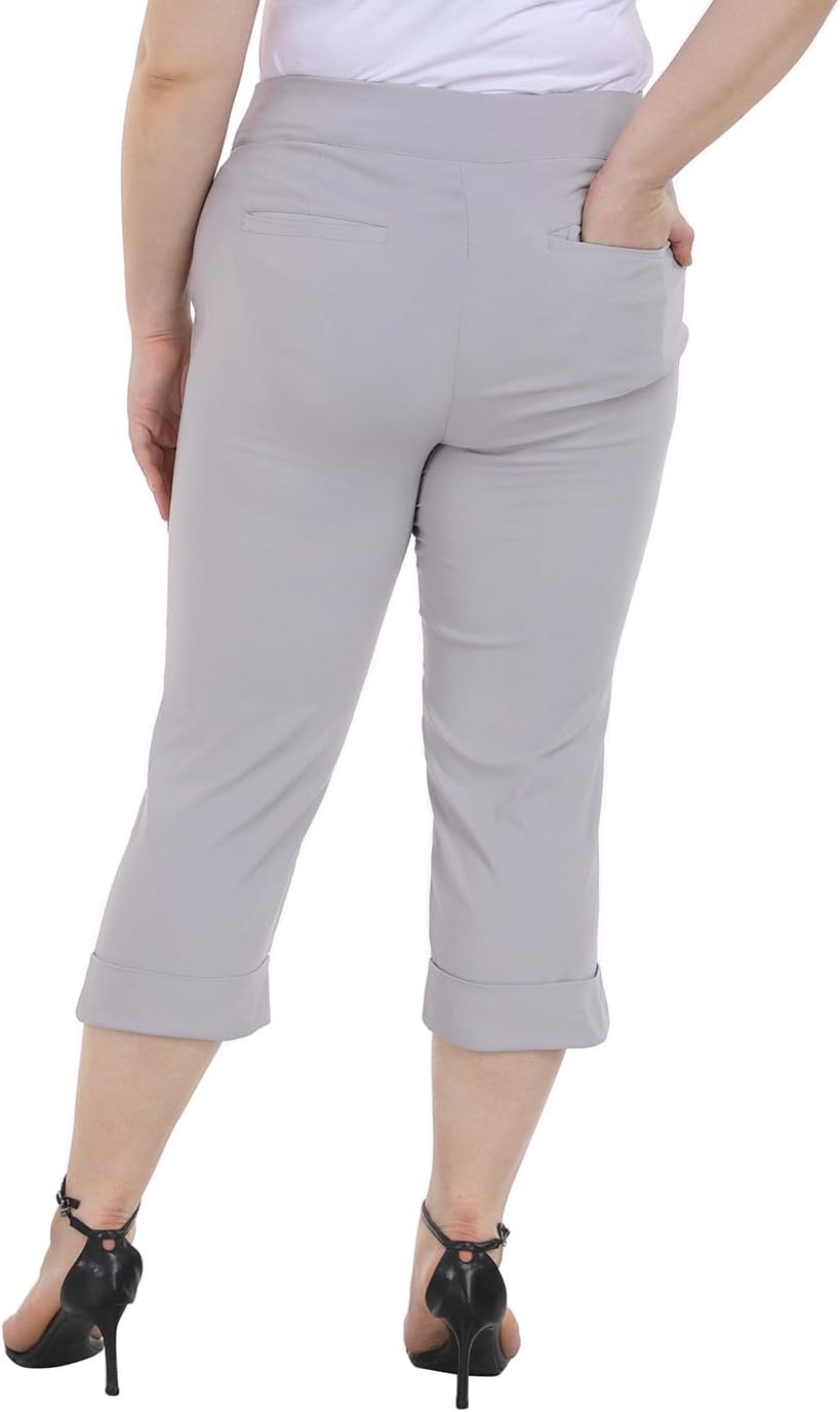 image:imageHDE Plus Size Pull On Capri Pants for Women with Pockets Elastic Waist Commuter Travel Casual Work Cropped Pants with CuffCool Gray