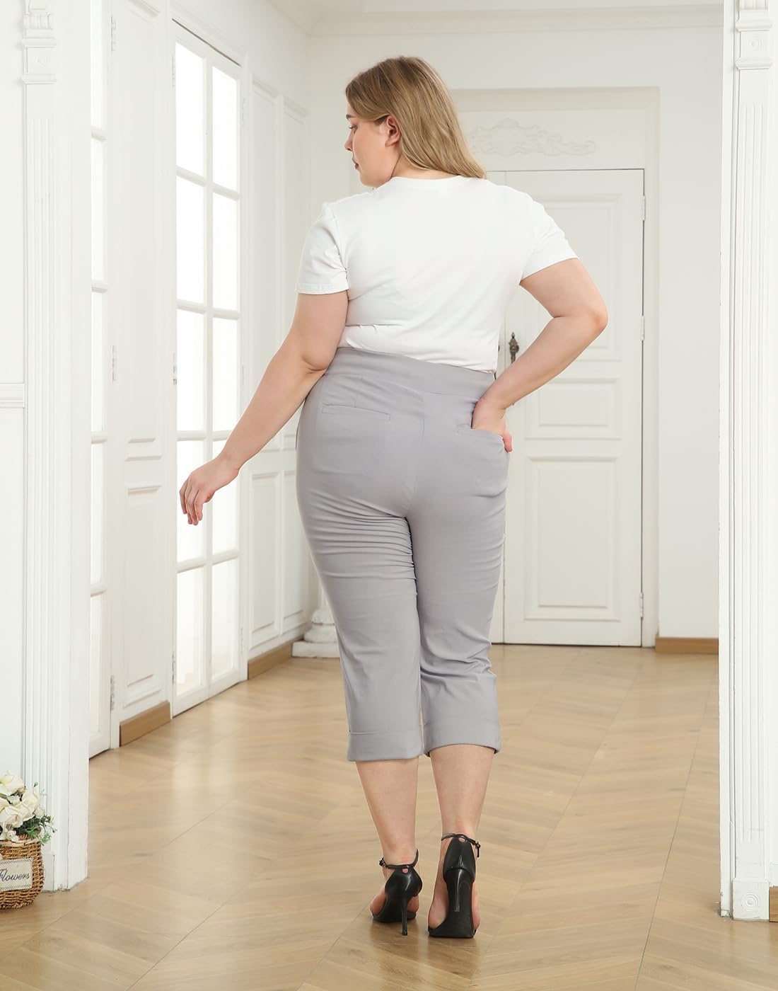 image:imageHDE Plus Size Pull On Capri Pants for Women with Pockets Elastic Waist Commuter Travel Casual Work Cropped Pants with CuffCool Gray