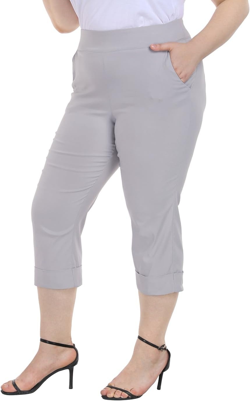 image:imageHDE Plus Size Pull On Capri Pants for Women with Pockets Elastic Waist Commuter Travel Casual Work Cropped Pants with CuffCool Gray