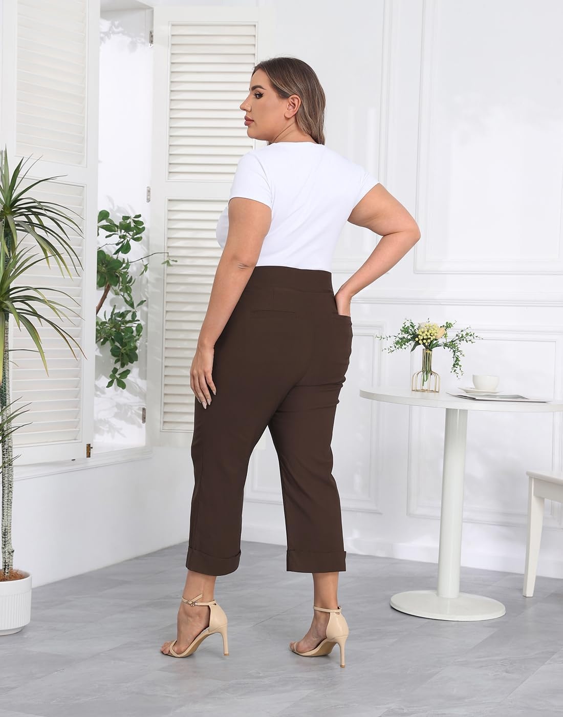 image:imageHDE Plus Size Pull On Capri Pants for Women with Pockets Elastic Waist Commuter Travel Casual Work Cropped Pants with CuffDark Brown