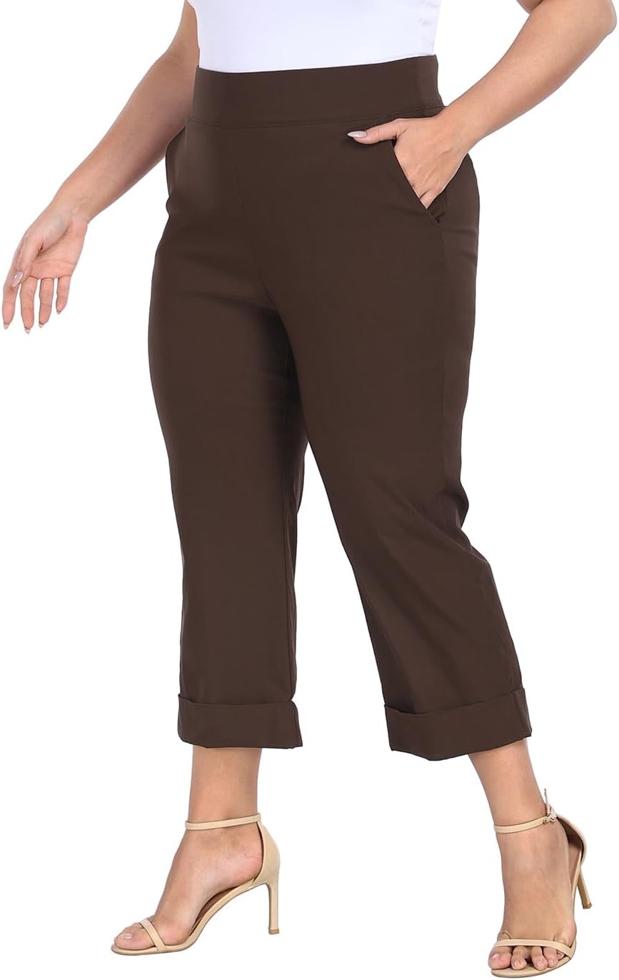 image:imageHDE Plus Size Pull On Capri Pants for Women with Pockets Elastic Waist Commuter Travel Casual Work Cropped Pants with CuffDark Brown