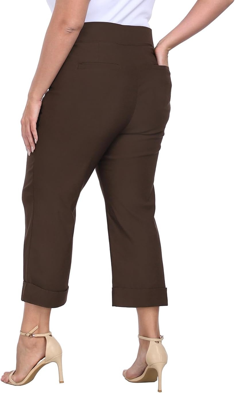 image:imageHDE Plus Size Pull On Capri Pants for Women with Pockets Elastic Waist Commuter Travel Casual Work Cropped Pants with CuffDark Brown