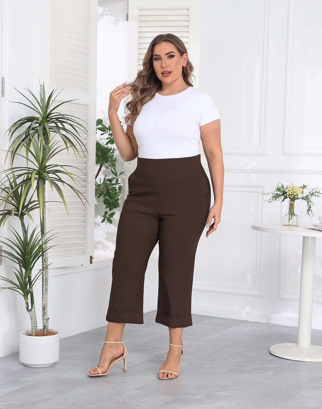image:imageHDE Plus Size Pull On Capri Pants for Women with Pockets Elastic Waist Commuter Travel Casual Work Cropped Pants with CuffDark Brown