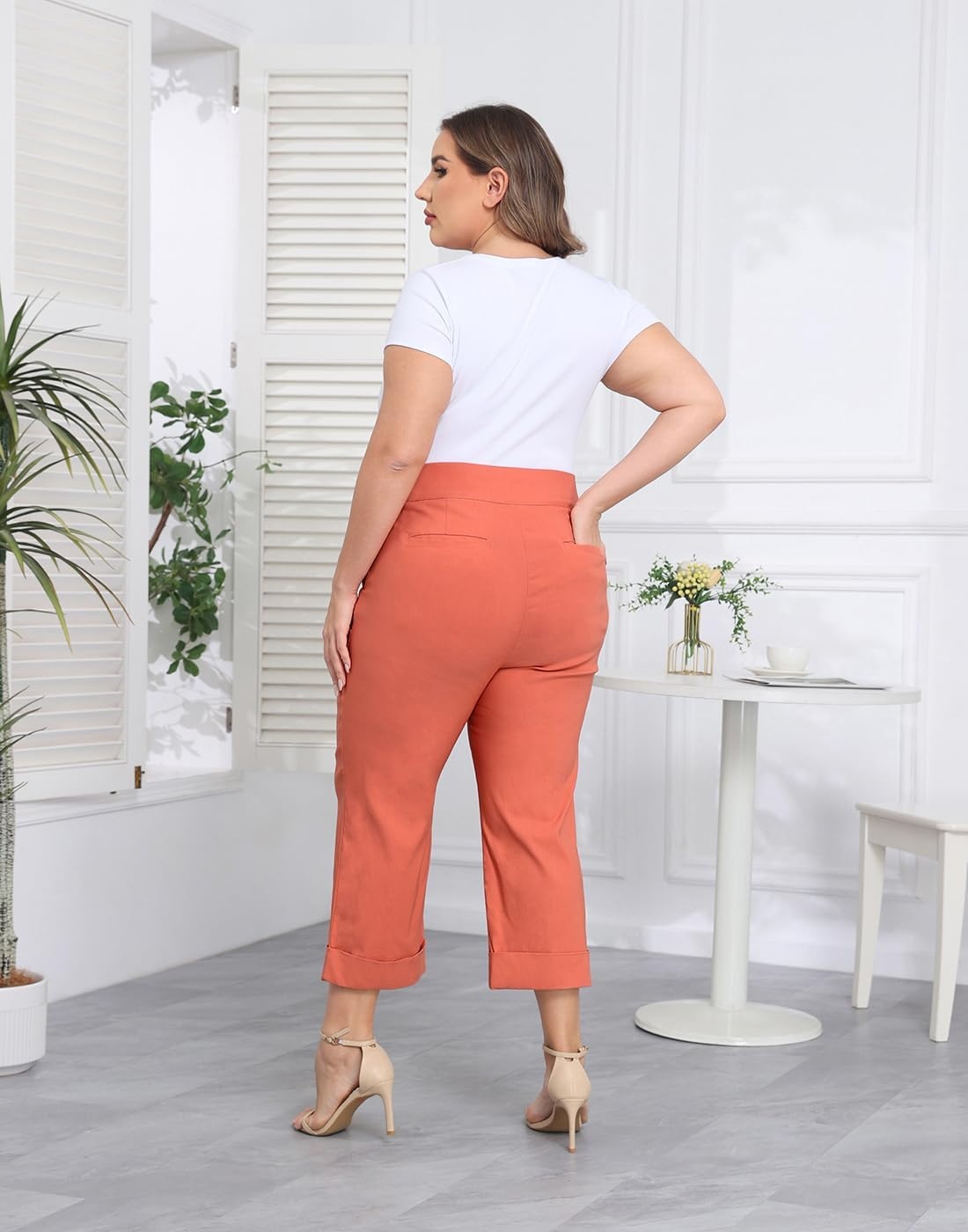 image:imageHDE Plus Size Pull On Capri Pants for Women with Pockets Elastic Waist Commuter Travel Casual Work Cropped Pants with CuffDark Coral
