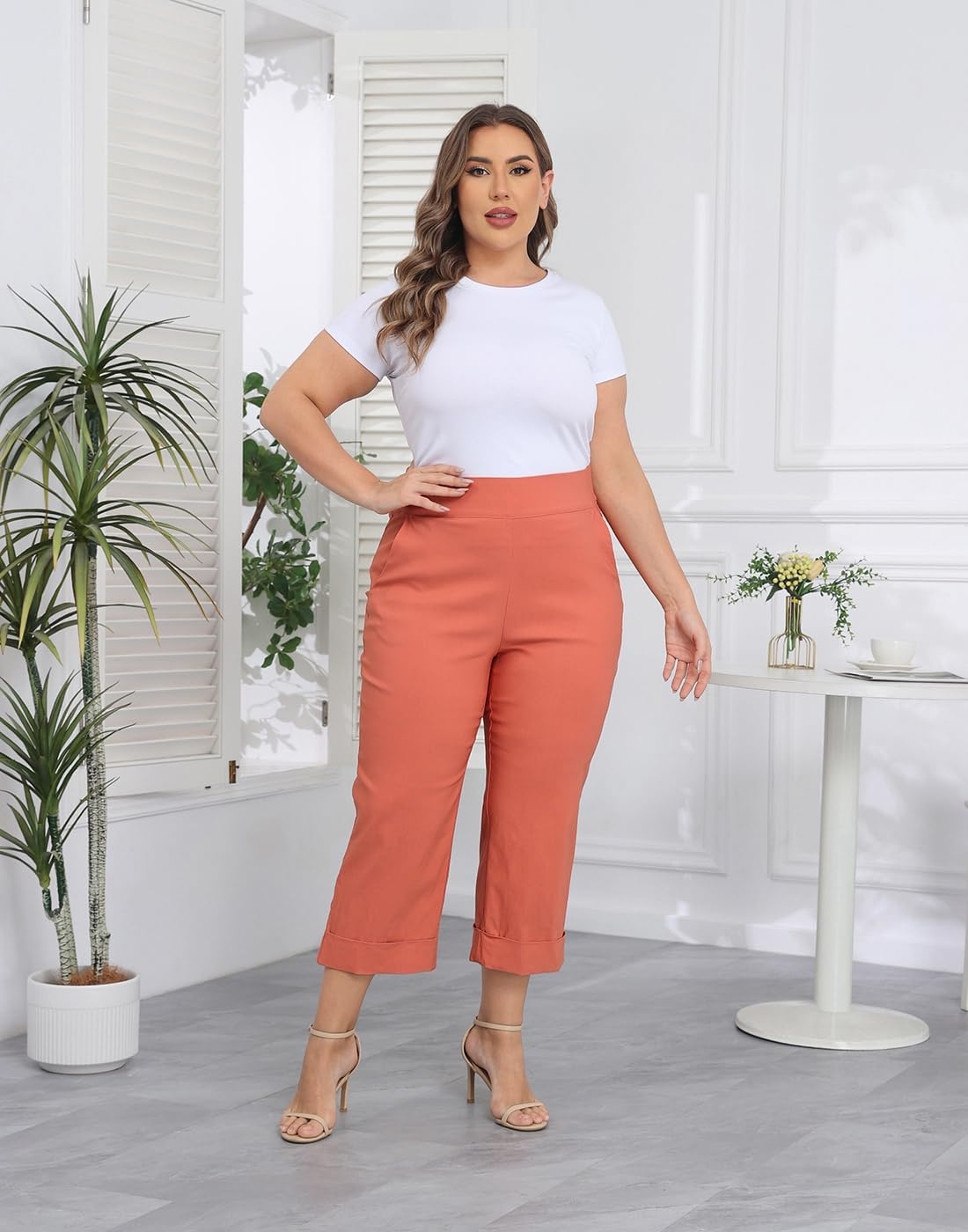 image:imageHDE Plus Size Pull On Capri Pants for Women with Pockets Elastic Waist Commuter Travel Casual Work Cropped Pants with CuffDark Coral