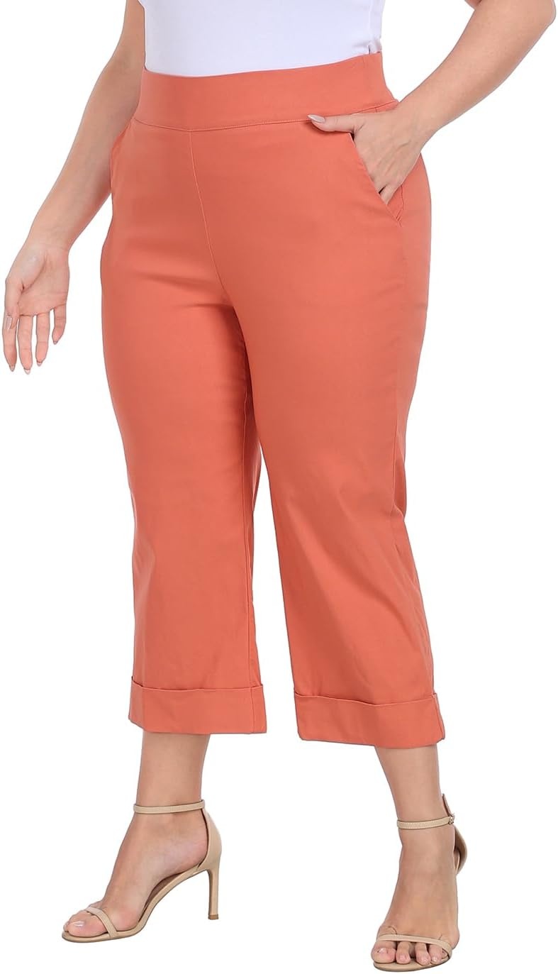 image:imageHDE Plus Size Pull On Capri Pants for Women with Pockets Elastic Waist Commuter Travel Casual Work Cropped Pants with CuffDark Coral