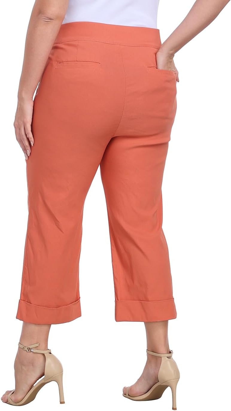 image:imageHDE Plus Size Pull On Capri Pants for Women with Pockets Elastic Waist Commuter Travel Casual Work Cropped Pants with CuffDark Coral