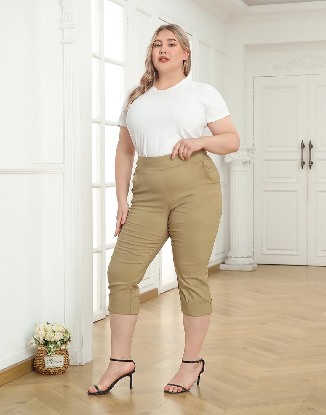 image:imageHDE Plus Size Pull On Capri Pants for Women with Pockets Elastic Waist Commuter Travel Casual Work Cropped Pants with CuffDark Khaki
