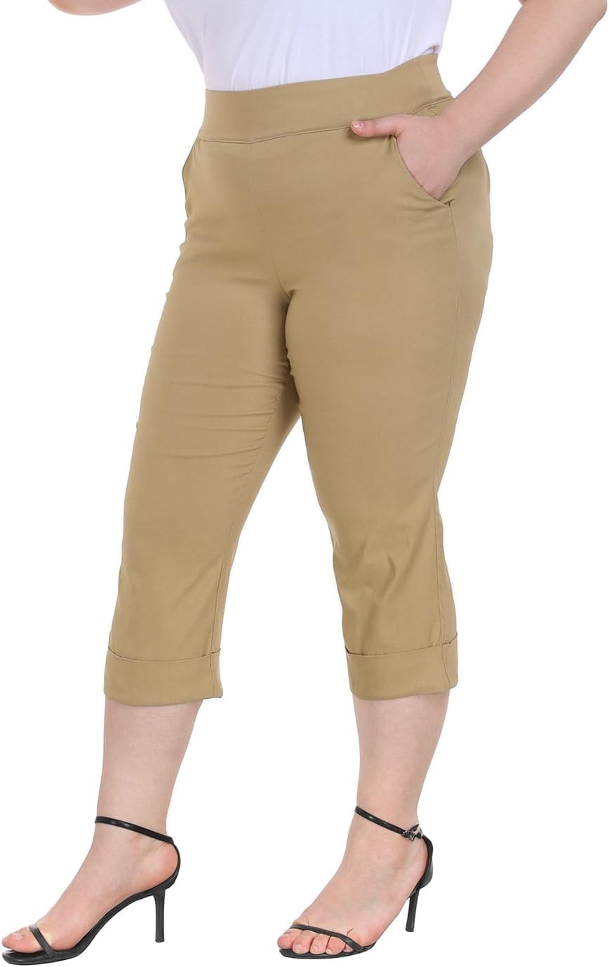 image:imageHDE Plus Size Pull On Capri Pants for Women with Pockets Elastic Waist Commuter Travel Casual Work Cropped Pants with CuffDark Khaki