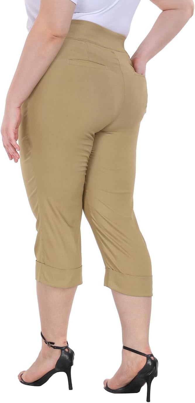 image:imageHDE Plus Size Pull On Capri Pants for Women with Pockets Elastic Waist Commuter Travel Casual Work Cropped Pants with CuffDark Khaki