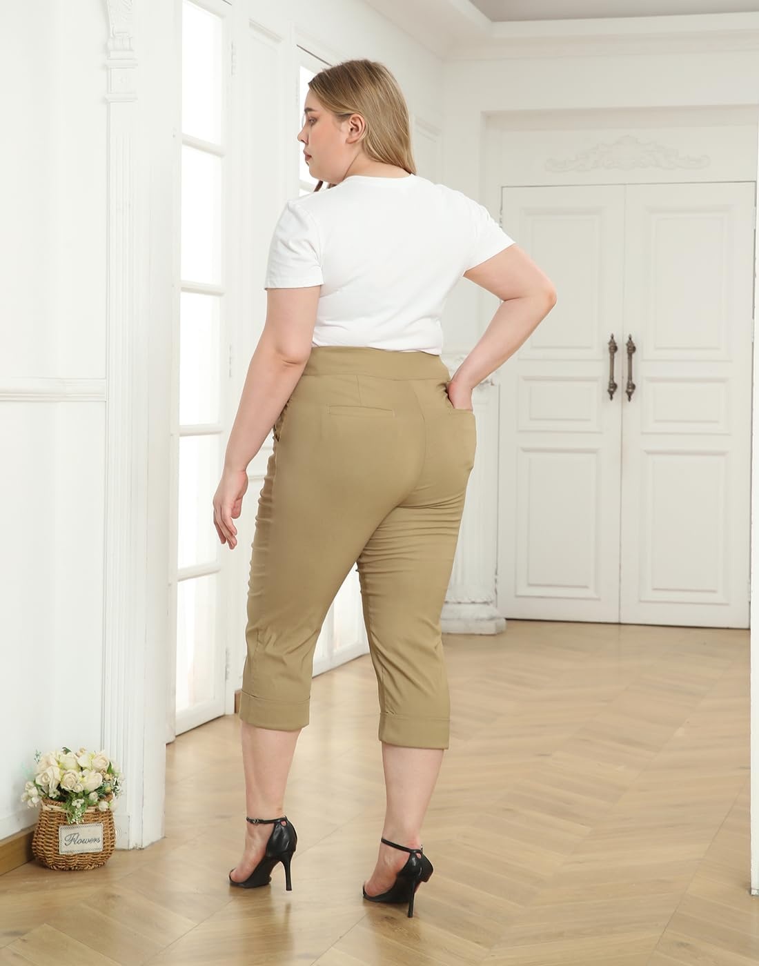 image:imageHDE Plus Size Pull On Capri Pants for Women with Pockets Elastic Waist Commuter Travel Casual Work Cropped Pants with CuffDark Khaki