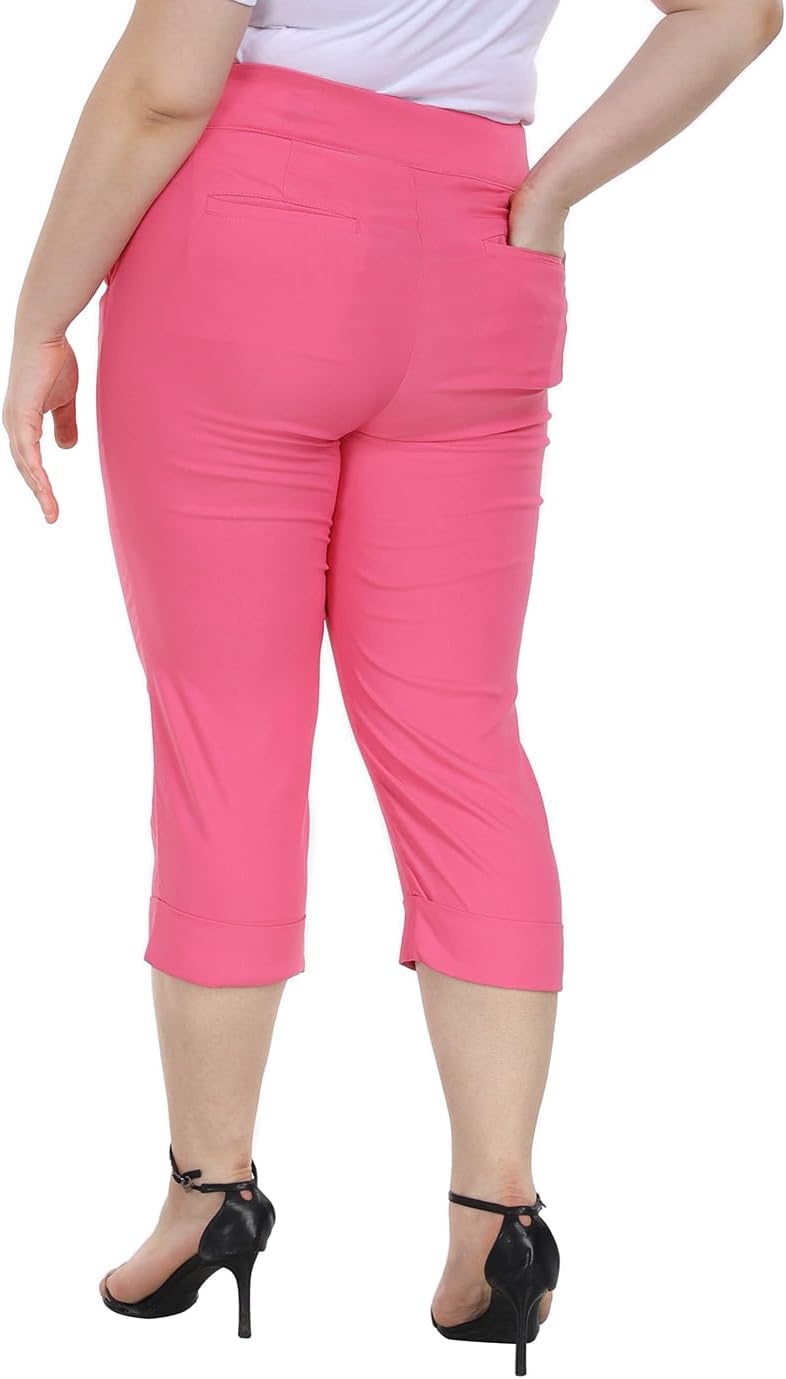 image:imageHDE Plus Size Pull On Capri Pants for Women with Pockets Elastic Waist Commuter Travel Casual Work Cropped Pants with CuffHot Pink