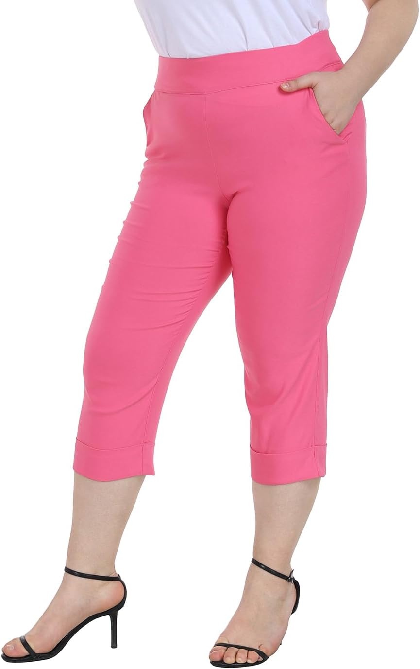 image:imageHDE Plus Size Pull On Capri Pants for Women with Pockets Elastic Waist Commuter Travel Casual Work Cropped Pants with CuffHot Pink