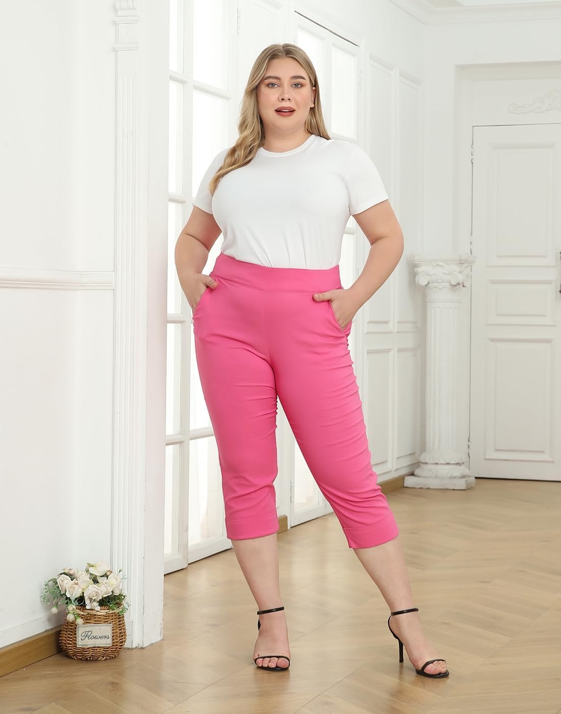 image:imageHDE Plus Size Pull On Capri Pants for Women with Pockets Elastic Waist Commuter Travel Casual Work Cropped Pants with CuffHot Pink