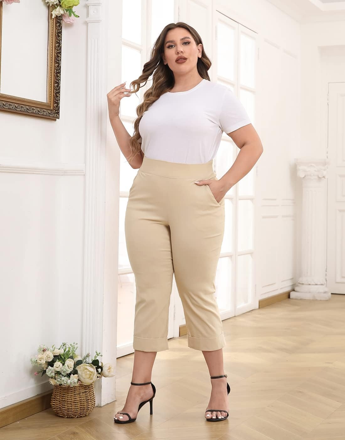 image:imageHDE Plus Size Pull On Capri Pants for Women with Pockets Elastic Waist Commuter Travel Casual Work Cropped Pants with CuffKhaki
