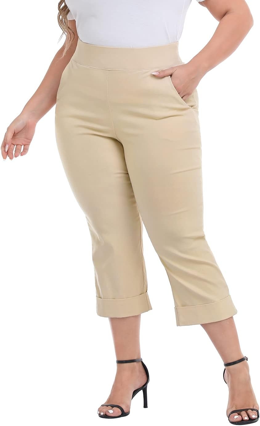 image:imageHDE Plus Size Pull On Capri Pants for Women with Pockets Elastic Waist Commuter Travel Casual Work Cropped Pants with CuffKhaki