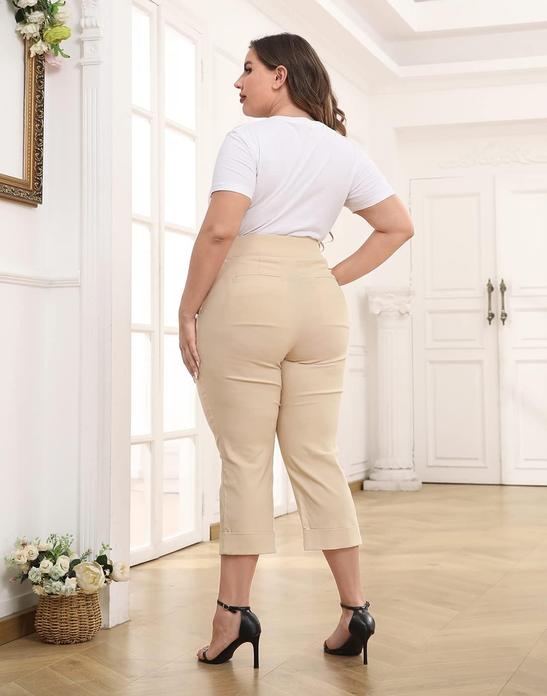 image:imageHDE Plus Size Pull On Capri Pants for Women with Pockets Elastic Waist Commuter Travel Casual Work Cropped Pants with CuffKhaki