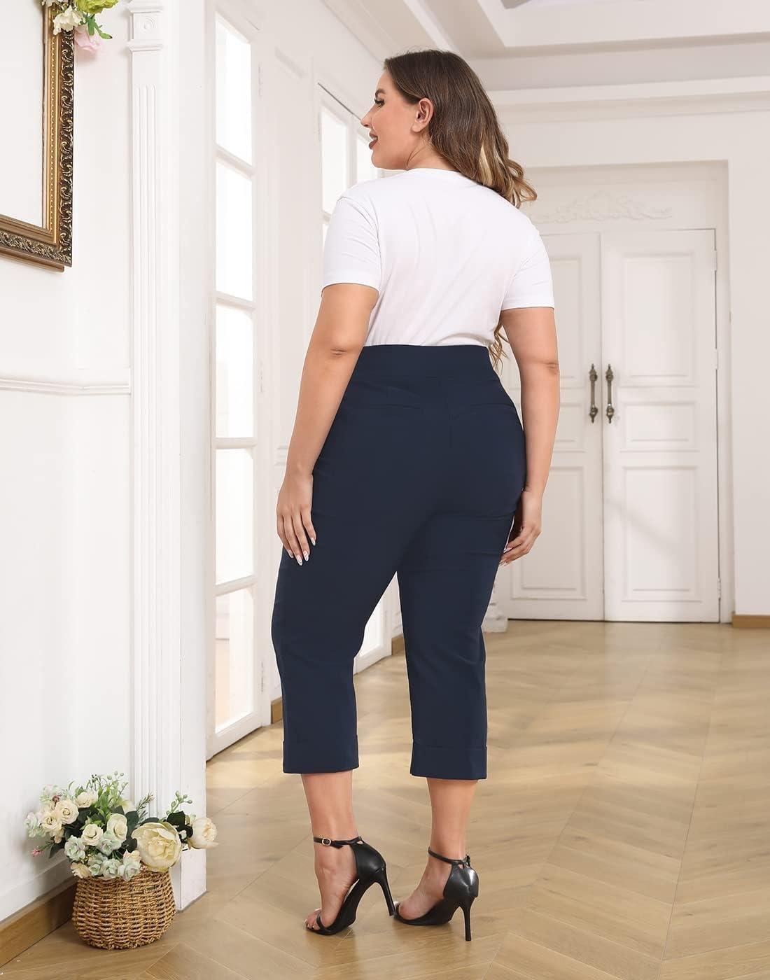 image:imageHDE Plus Size Pull On Capri Pants for Women with Pockets Elastic Waist Commuter Travel Casual Work Cropped Pants with CuffNavy
