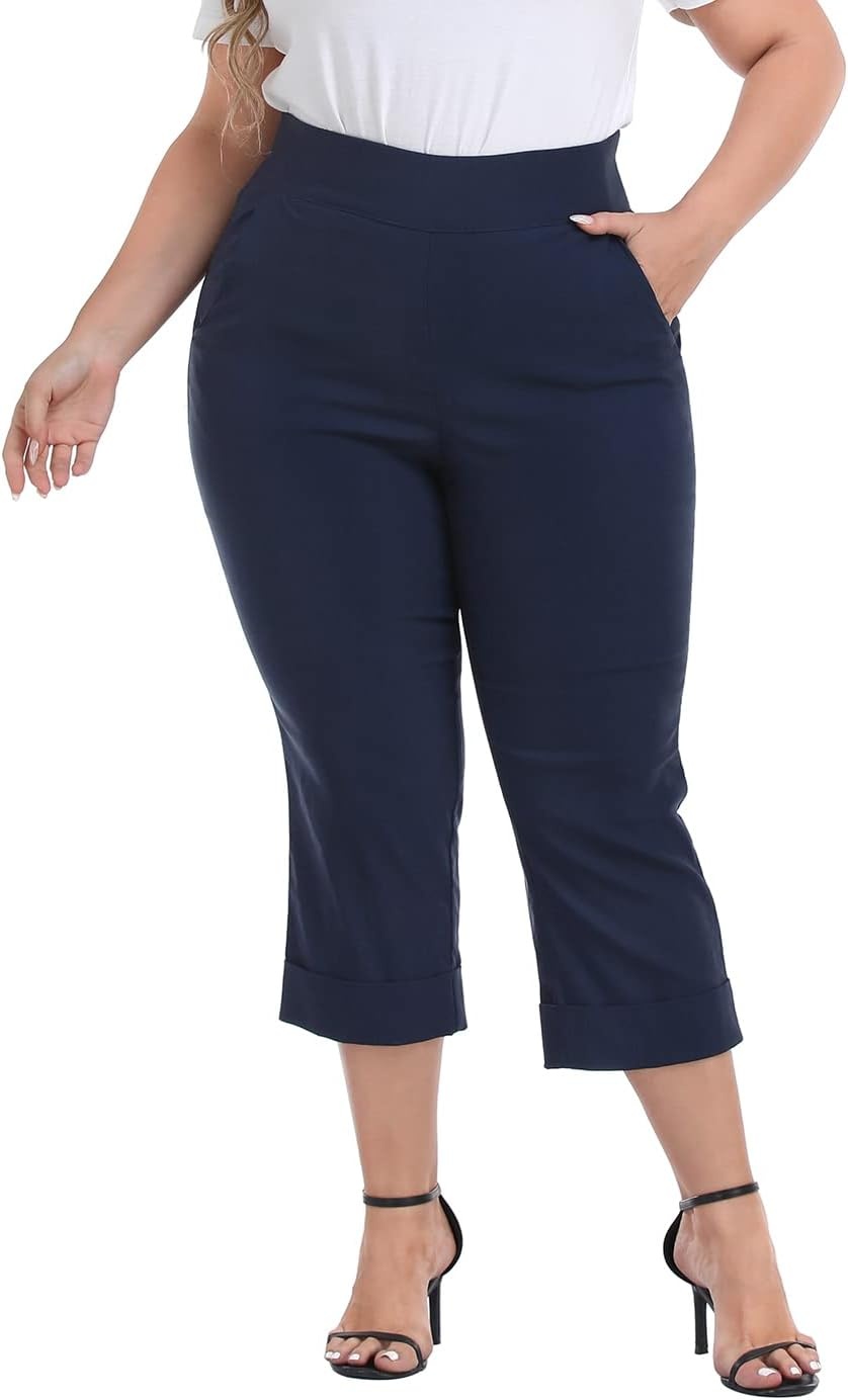 image:imageHDE Plus Size Pull On Capri Pants for Women with Pockets Elastic Waist Commuter Travel Casual Work Cropped Pants with CuffNavy
