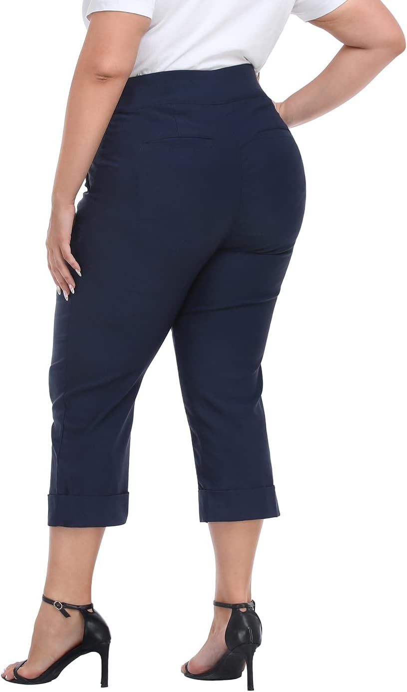 image:imageHDE Plus Size Pull On Capri Pants for Women with Pockets Elastic Waist Commuter Travel Casual Work Cropped Pants with CuffNavy