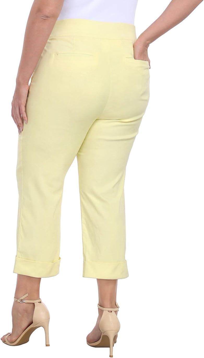 image:imageHDE Plus Size Pull On Capri Pants for Women with Pockets Elastic Waist Commuter Travel Casual Work Cropped Pants with CuffPale Yellow