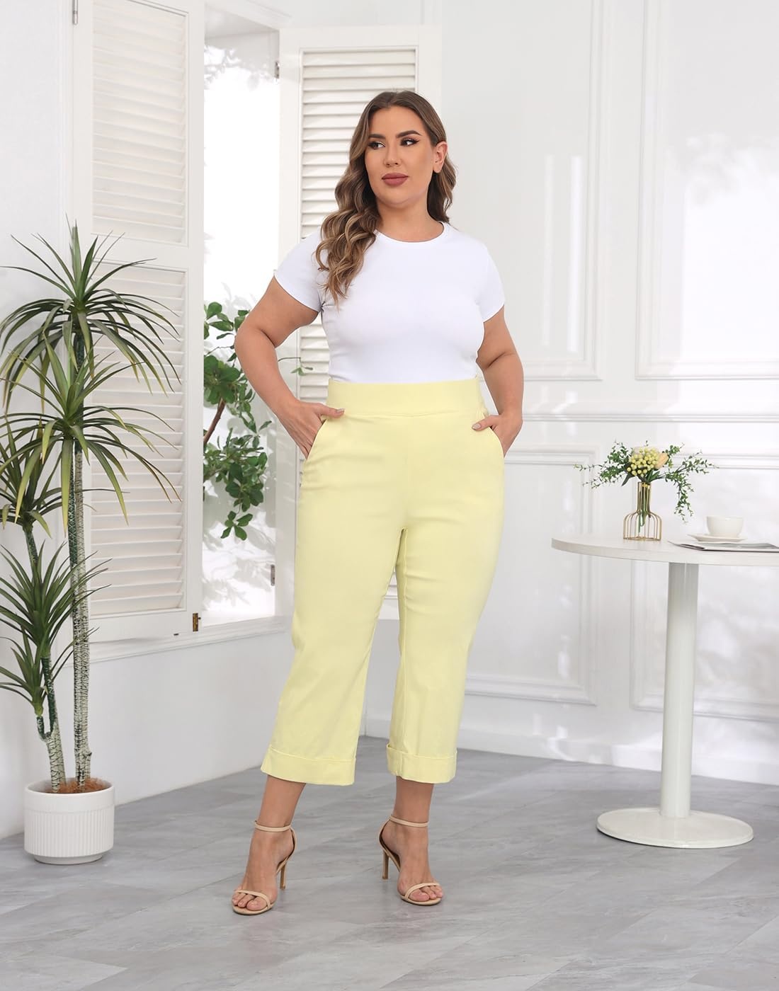 image:imageHDE Plus Size Pull On Capri Pants for Women with Pockets Elastic Waist Commuter Travel Casual Work Cropped Pants with CuffPale Yellow