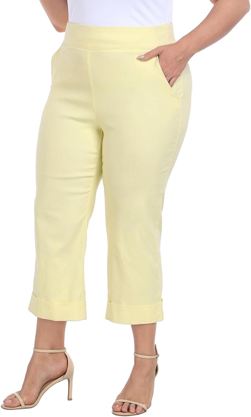 image:imageHDE Plus Size Pull On Capri Pants for Women with Pockets Elastic Waist Commuter Travel Casual Work Cropped Pants with CuffPale Yellow