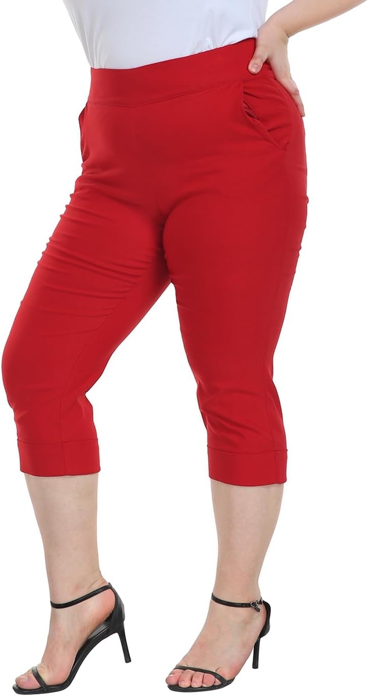 image:imageHDE Plus Size Pull On Capri Pants for Women with Pockets Elastic Waist Commuter Travel Casual Work Cropped Pants with CuffRed