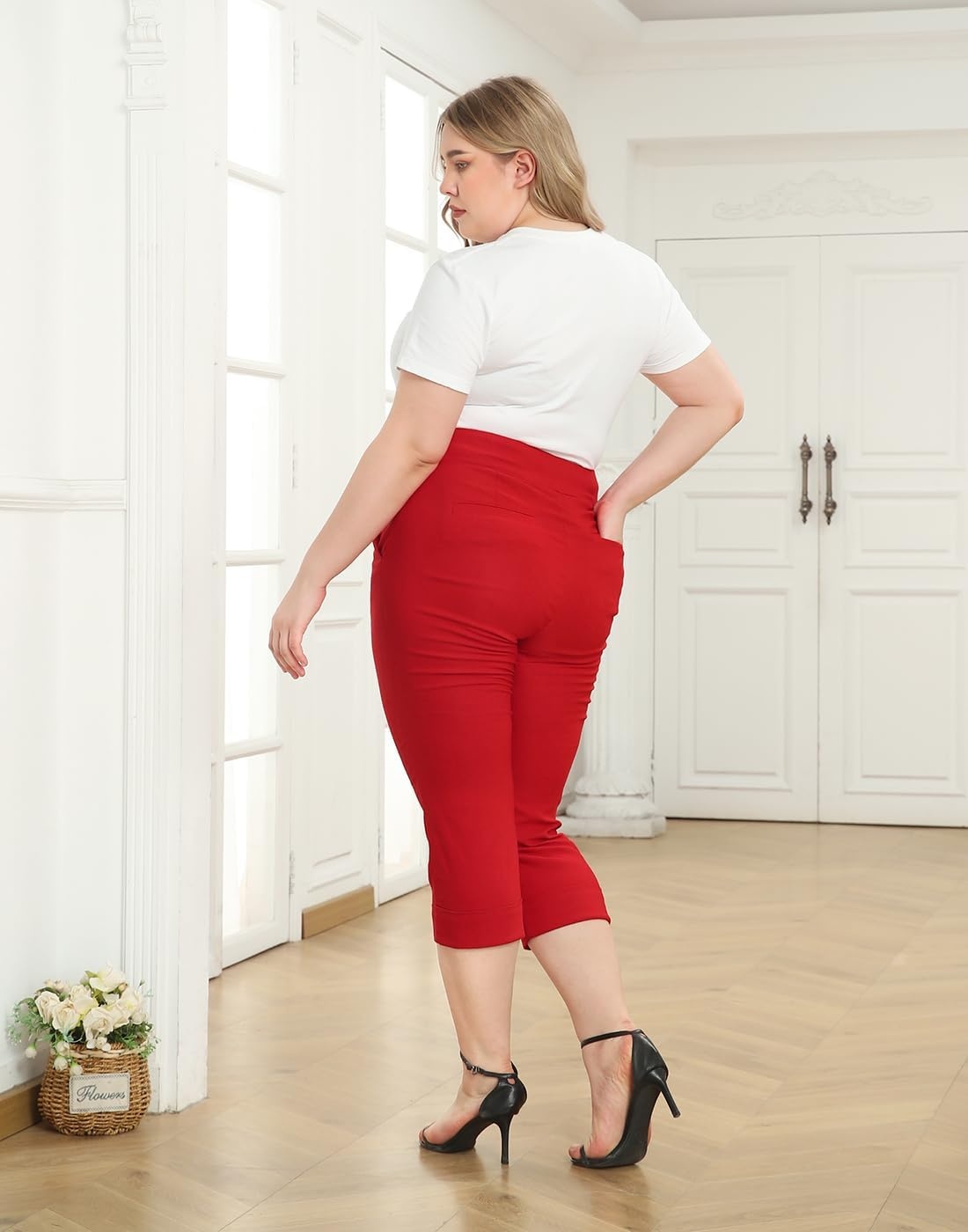 image:imageHDE Plus Size Pull On Capri Pants for Women with Pockets Elastic Waist Commuter Travel Casual Work Cropped Pants with CuffRed