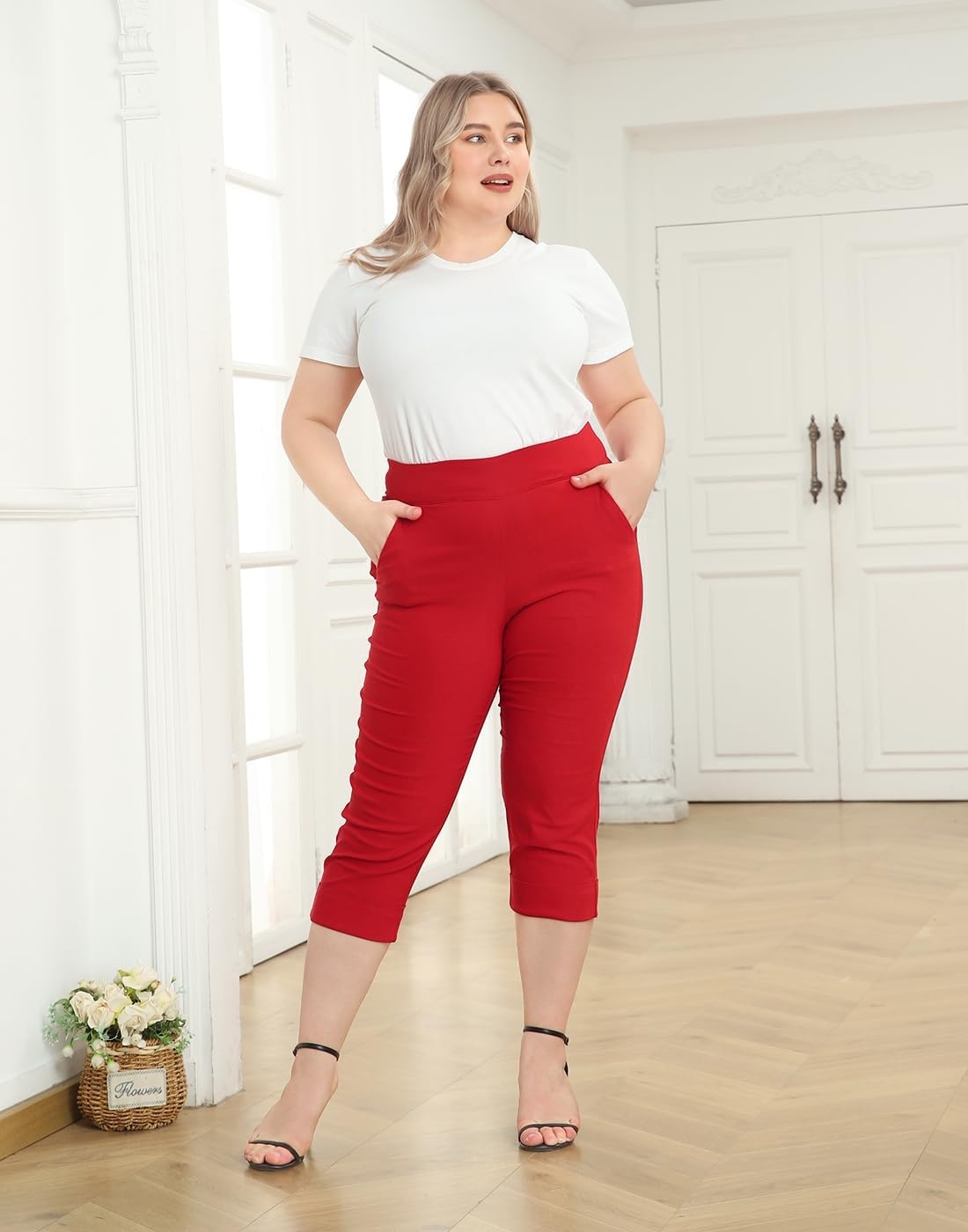 image:imageHDE Plus Size Pull On Capri Pants for Women with Pockets Elastic Waist Commuter Travel Casual Work Cropped Pants with CuffRed