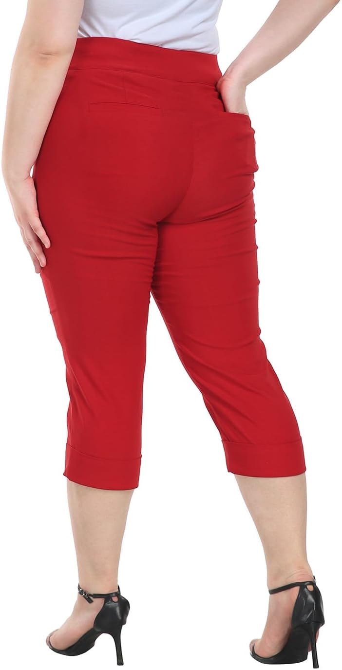 image:imageHDE Plus Size Pull On Capri Pants for Women with Pockets Elastic Waist Commuter Travel Casual Work Cropped Pants with CuffRed
