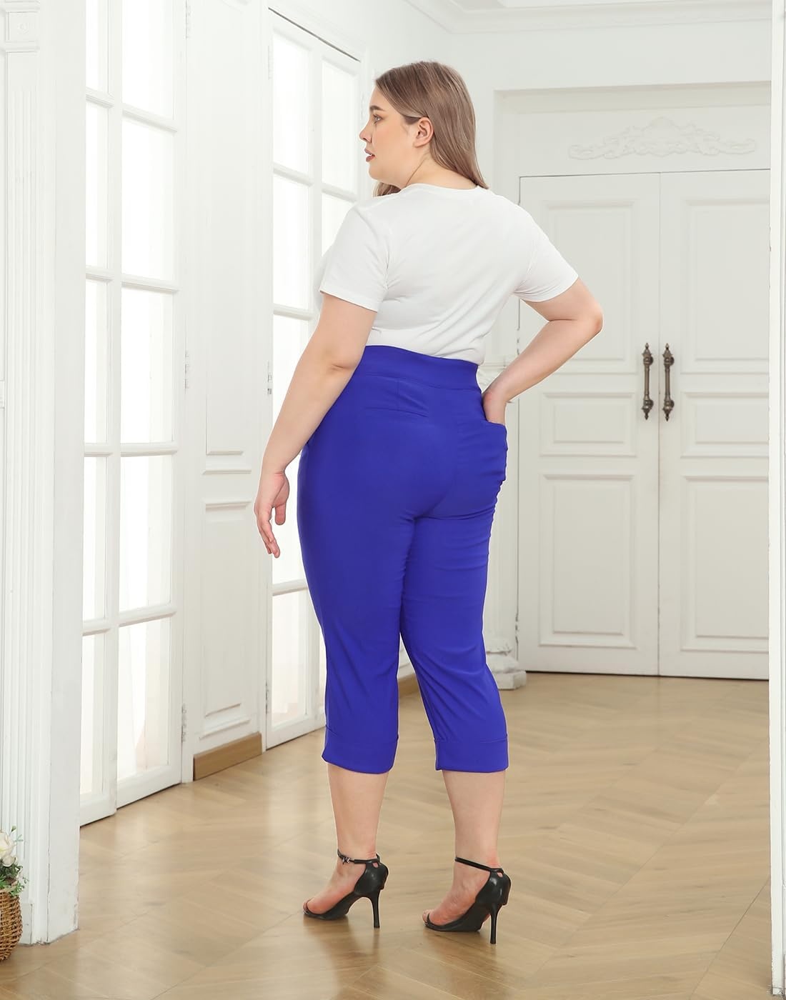 image:imageHDE Plus Size Pull On Capri Pants for Women with Pockets Elastic Waist Commuter Travel Casual Work Cropped Pants with CuffRoyal Blue