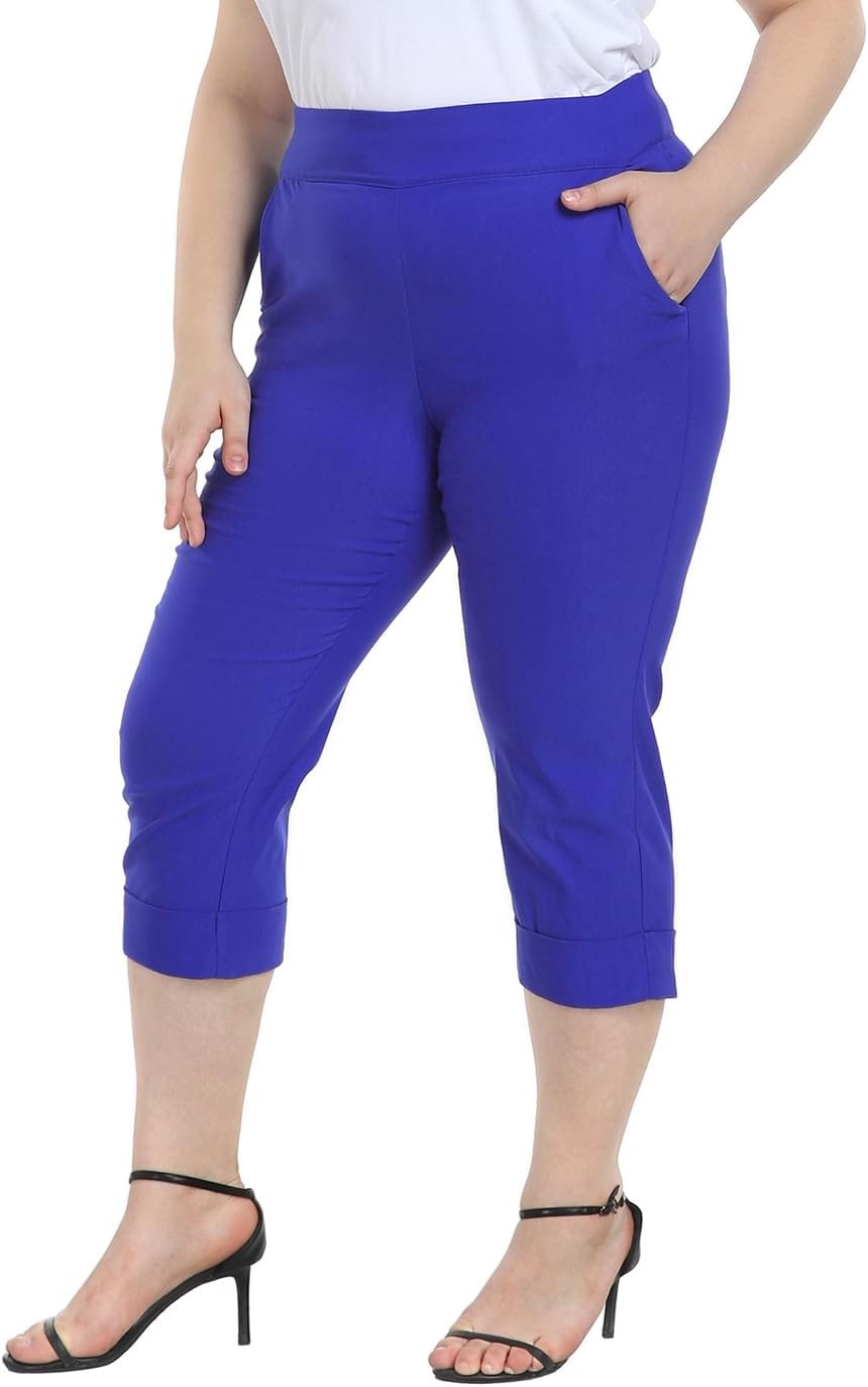 image:imageHDE Plus Size Pull On Capri Pants for Women with Pockets Elastic Waist Commuter Travel Casual Work Cropped Pants with CuffRoyal Blue